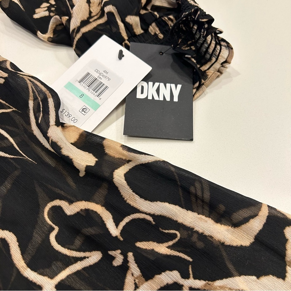 DKNY Black, Tan and Cream Floral Long Sleeve Chiffon Dress, Size 8, NWT - Picture 4 of 12